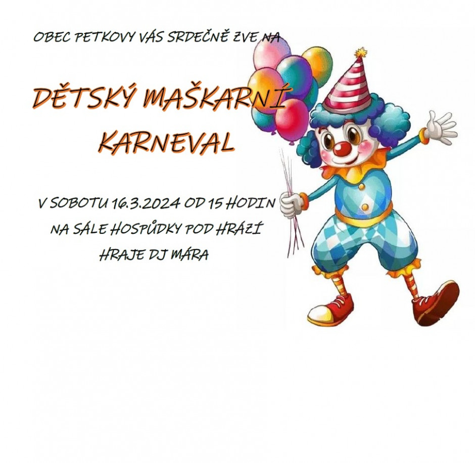 DĚTSKÝ MAŠKARNÍ KARNEVAL 16. BŘEZNA 2024 OD 15 HODIN