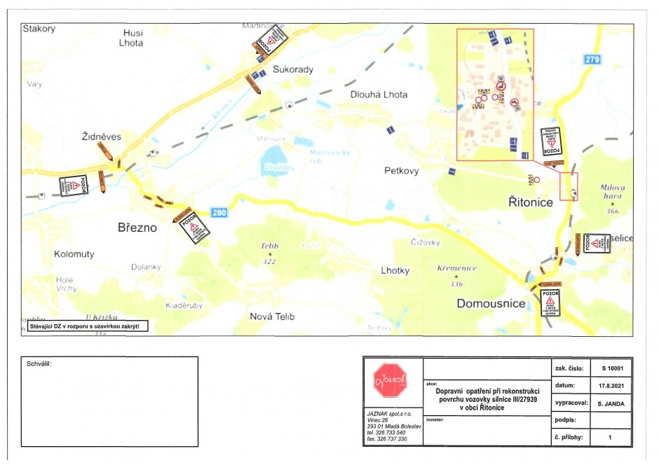 Úplná uzavírka silnice III/27939 v obci Řitonice - nový termín 27.10. - 31.10. 2021
